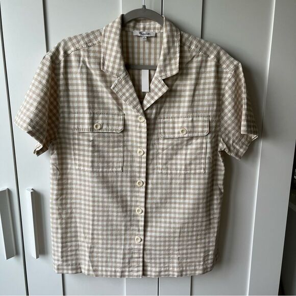 Madewell Camp Checked Gingham Plaid Boxy Gauze Button Down Shirt Tan Small NWT - Picture 5 of 16